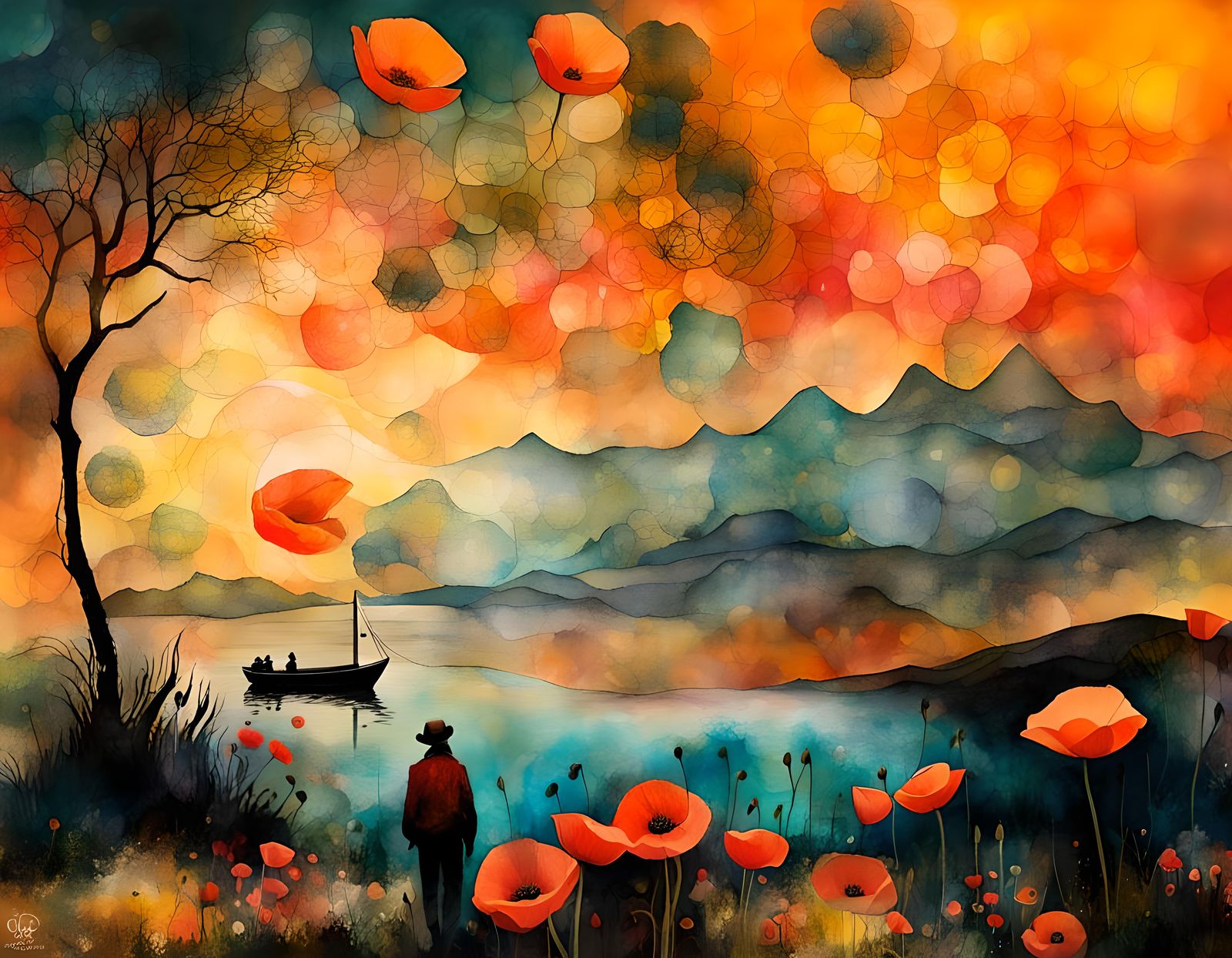Poppy Field Sunset in Double Exposure Watercolor Style