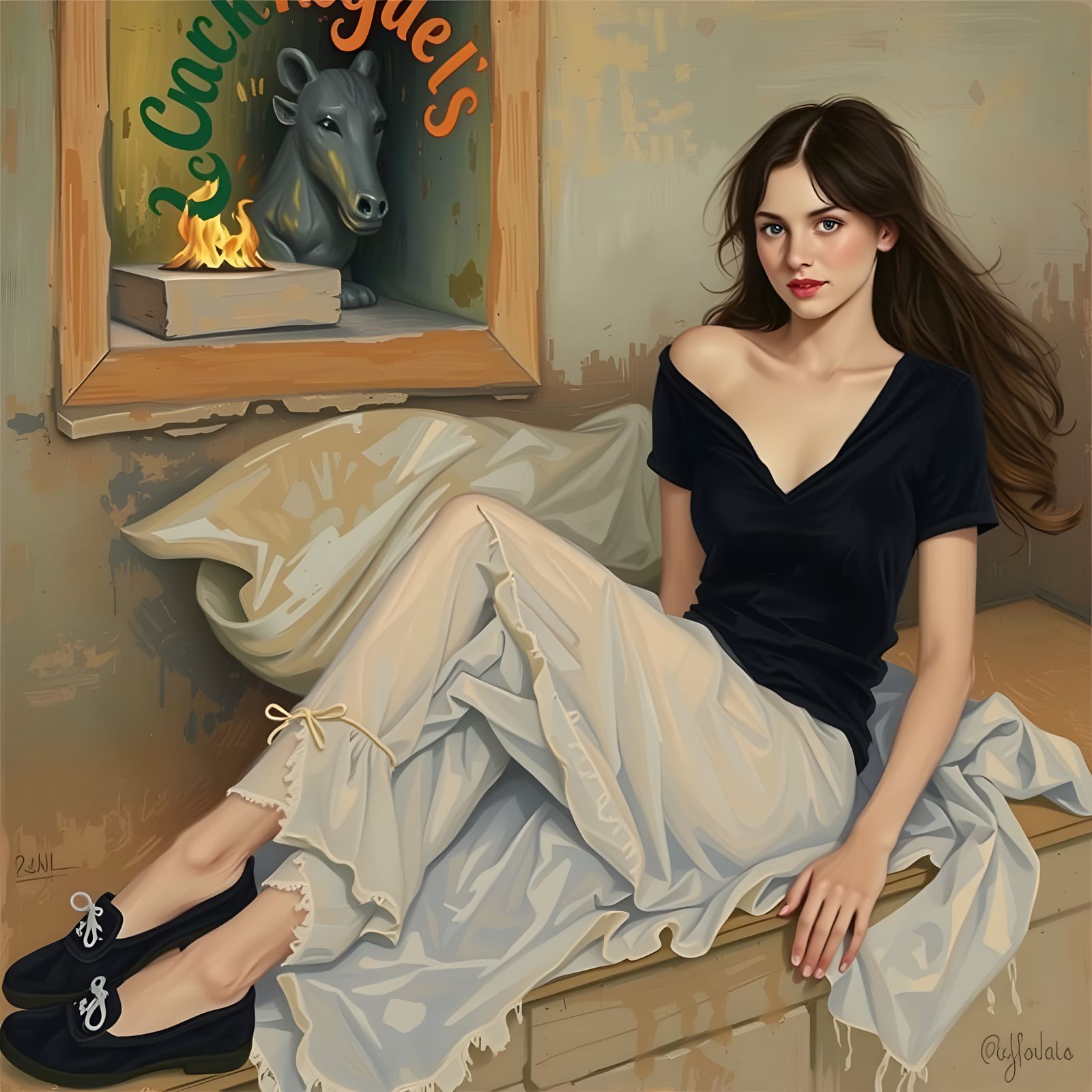 Young Woman on Fireplace Hearth in Cozy Setting