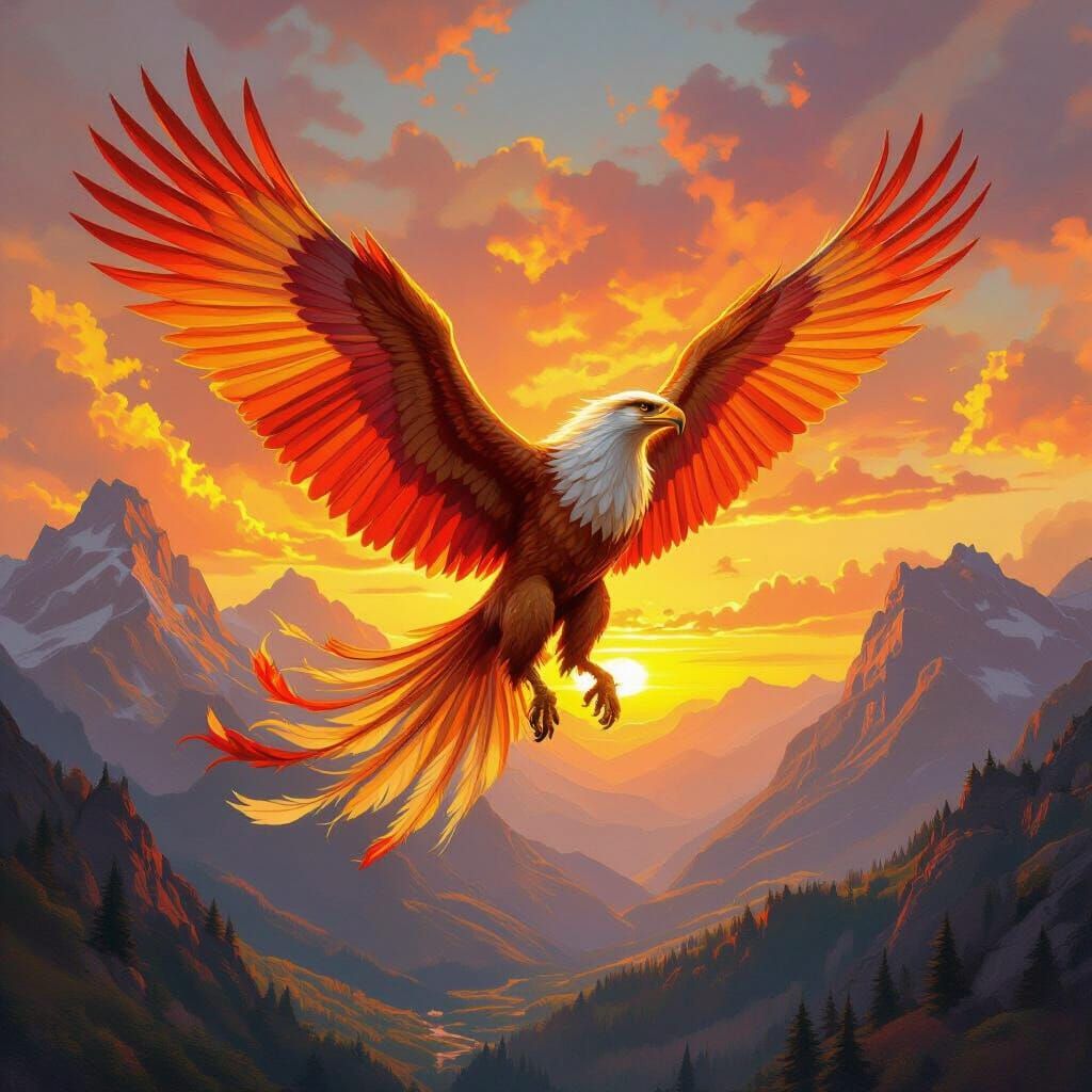Griffin Soaring at Sunset: Classical Oil Painting