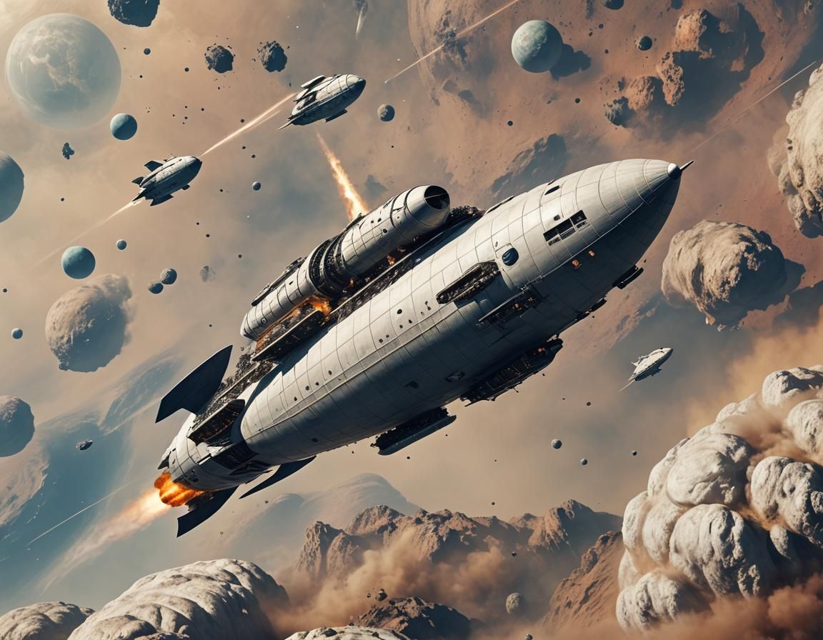 Zeppelin Spaceship with Rocket Thrusters Over Planet