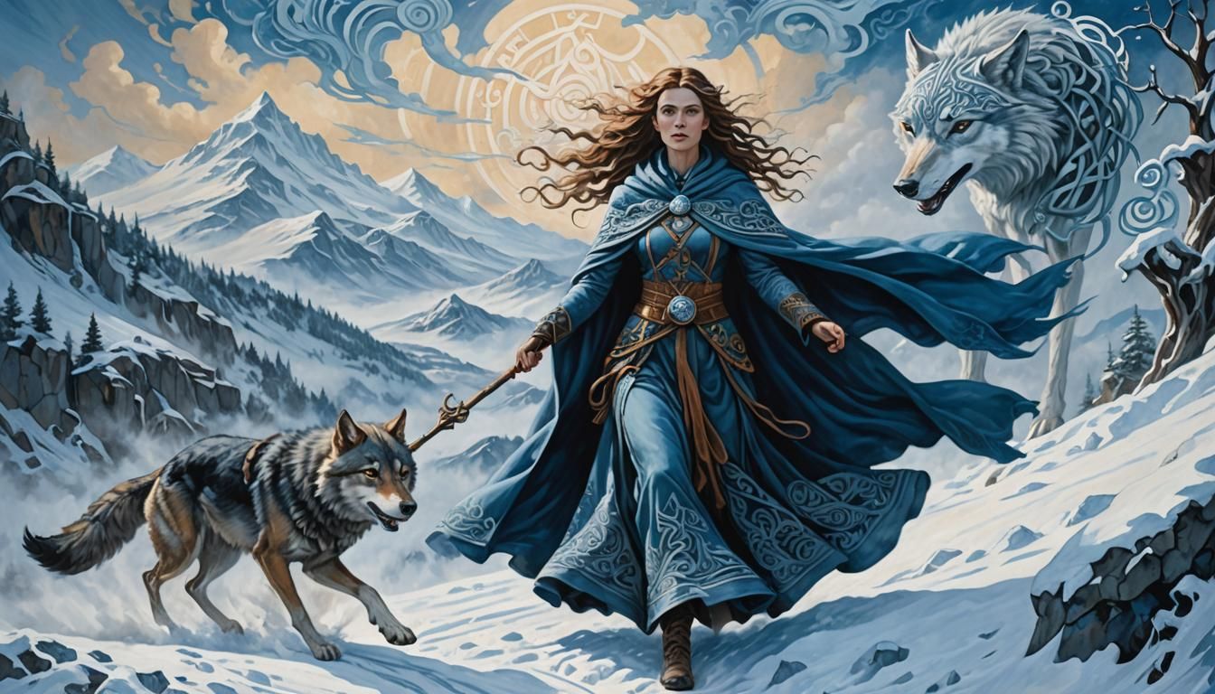 Celtic Goddess Rides Wolf: Symbolist Oil Painting
