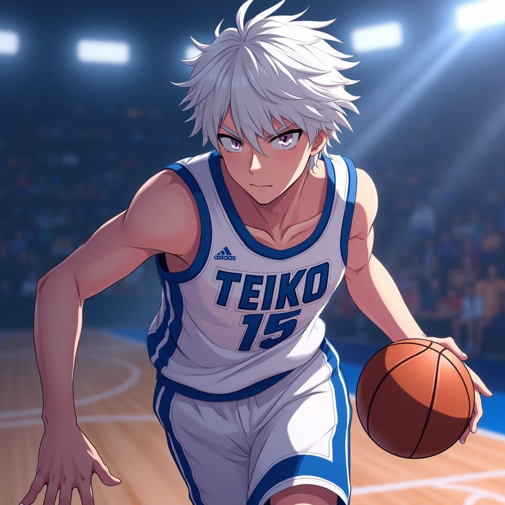 Anime Basketball Player with White Hair in Manga Style