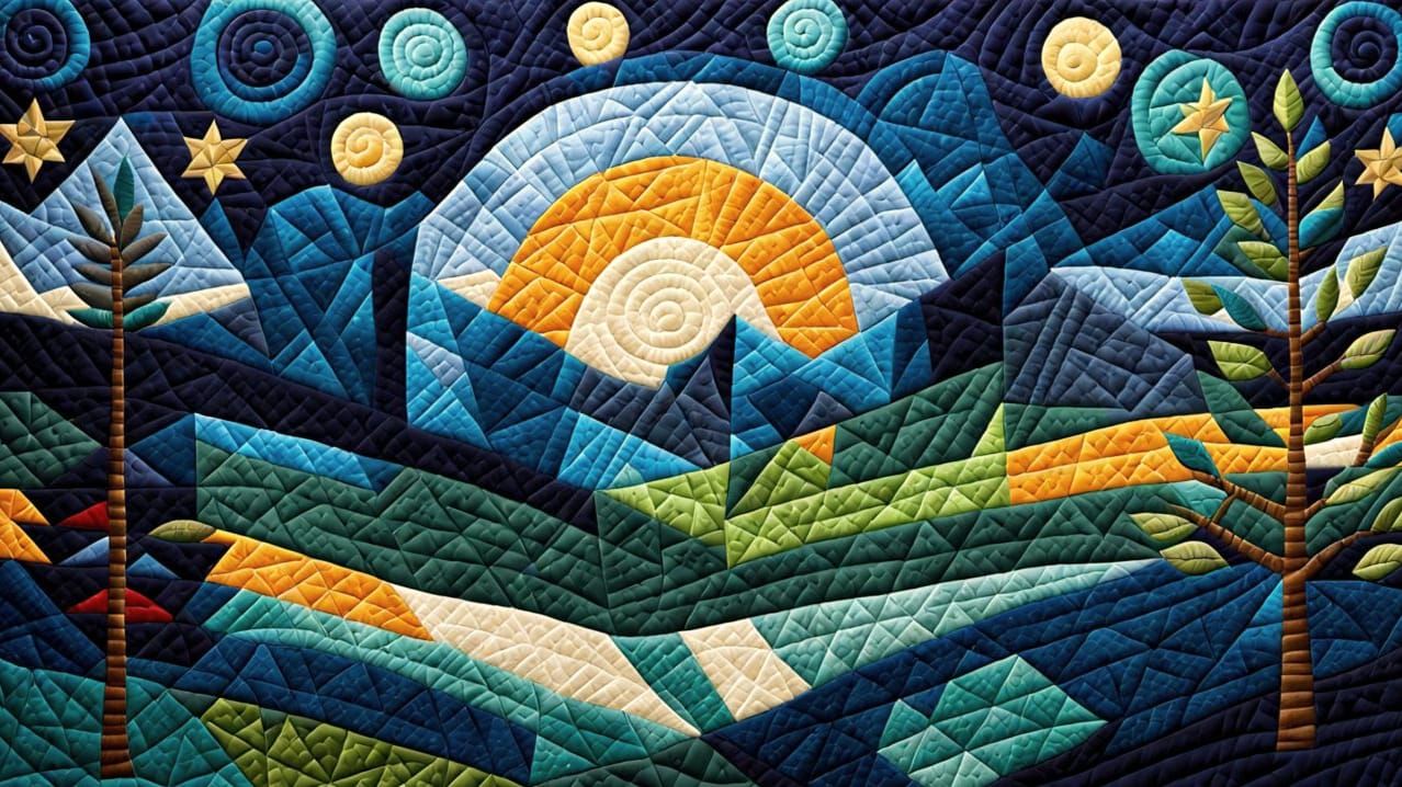 Starry Night Landscape in Cubist Quilt Texture
