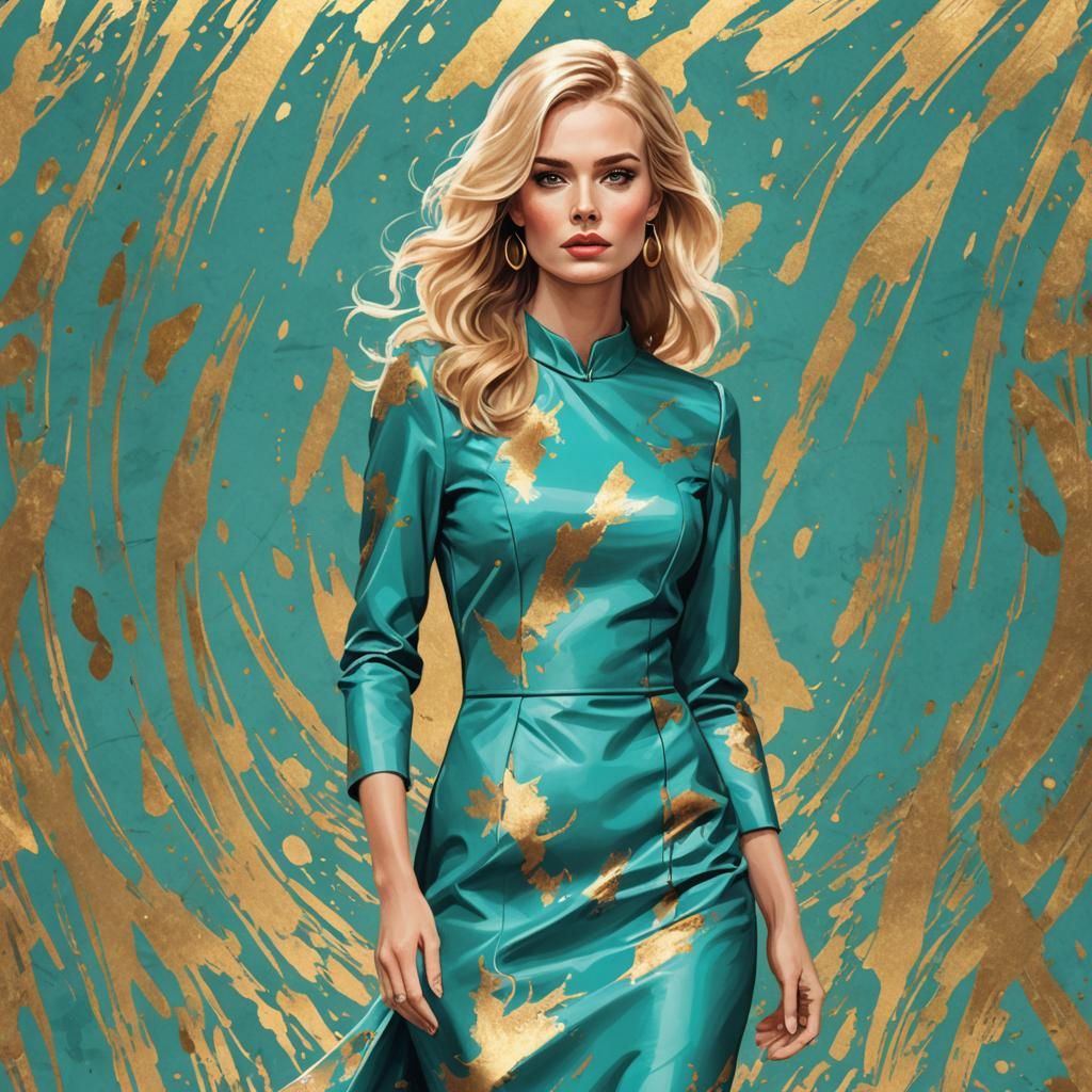 Blonde Woman in Turquoise Dress: Digital Paper Illustration