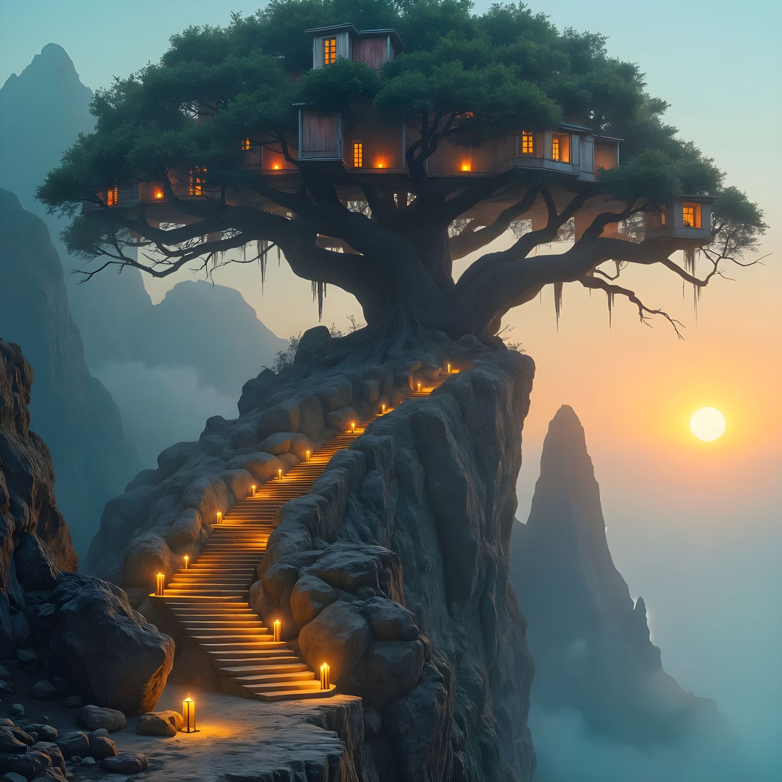 Ancient Tree City on Sandstone Pillar