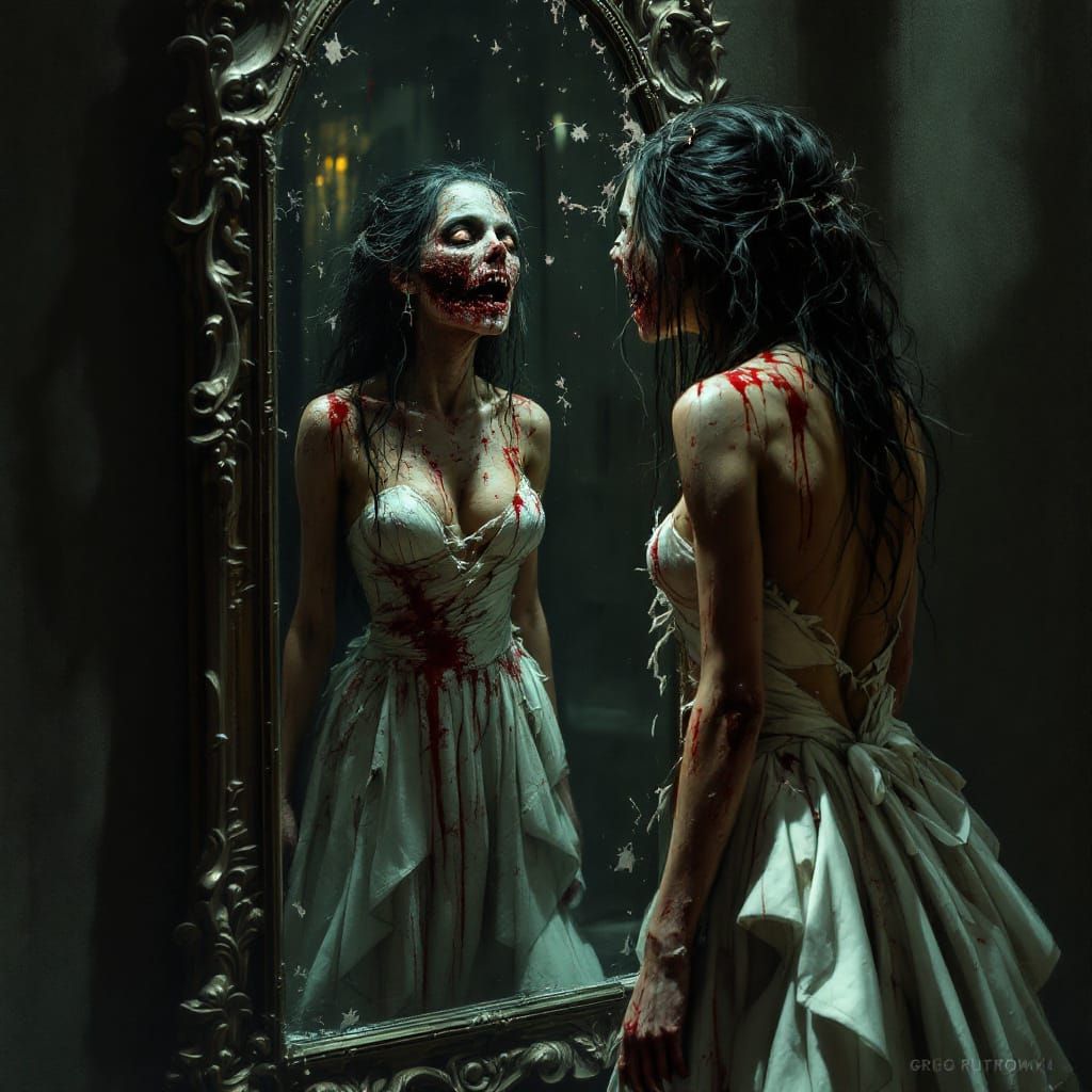 Zombie Girl in Tattered Prom Dress Reflects Decaying Visage