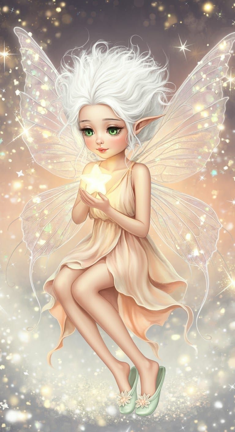 Ethereal Green-Eyed Fairy with Star in Digital Art Style