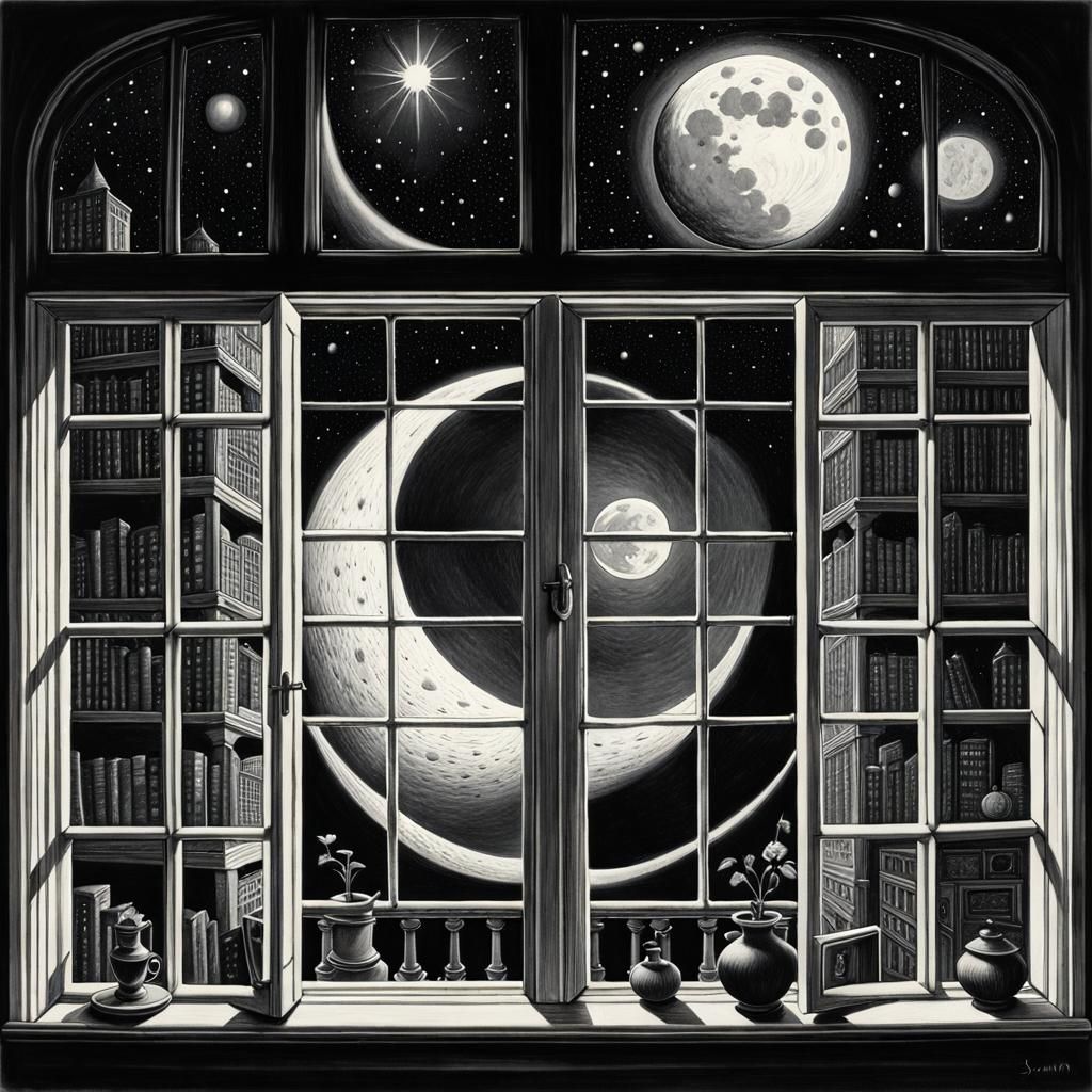 Fantastical Room with Moonlit View, Detailed Drawing