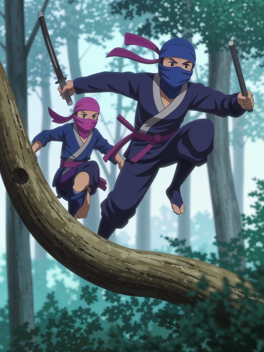 Ninjas Leap Through Trees in Dynamic Anime Style
