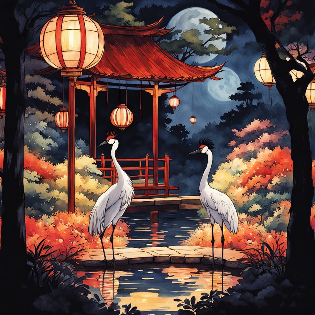 Red-Crowned Crane in Ghibli Fantasy Garden