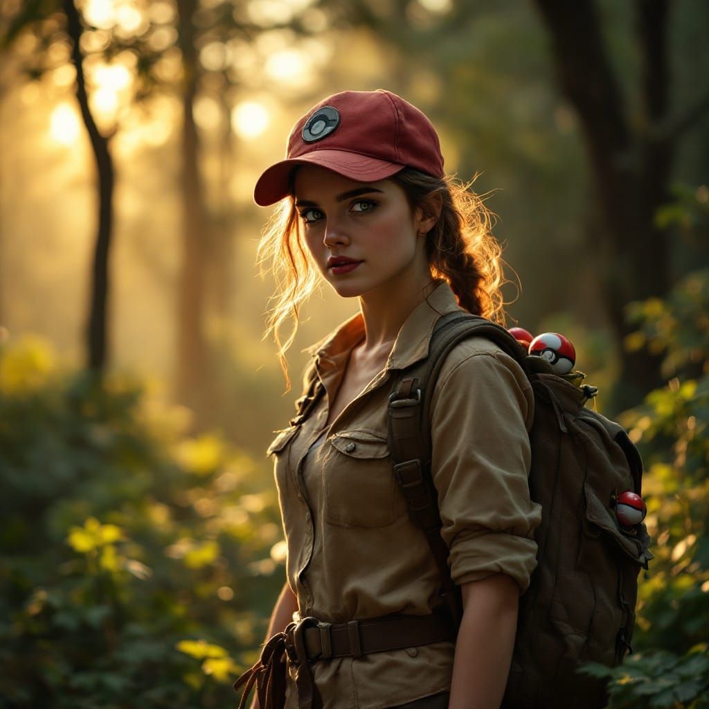 Realistic Female Pokémon Trainer in Epic Sunset Landscape