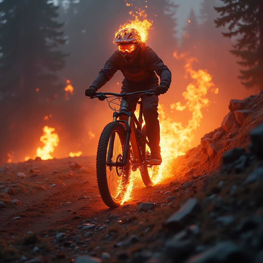 Mountain Biker Descends Fiery Trail in Neon-Lit Futuristic L...