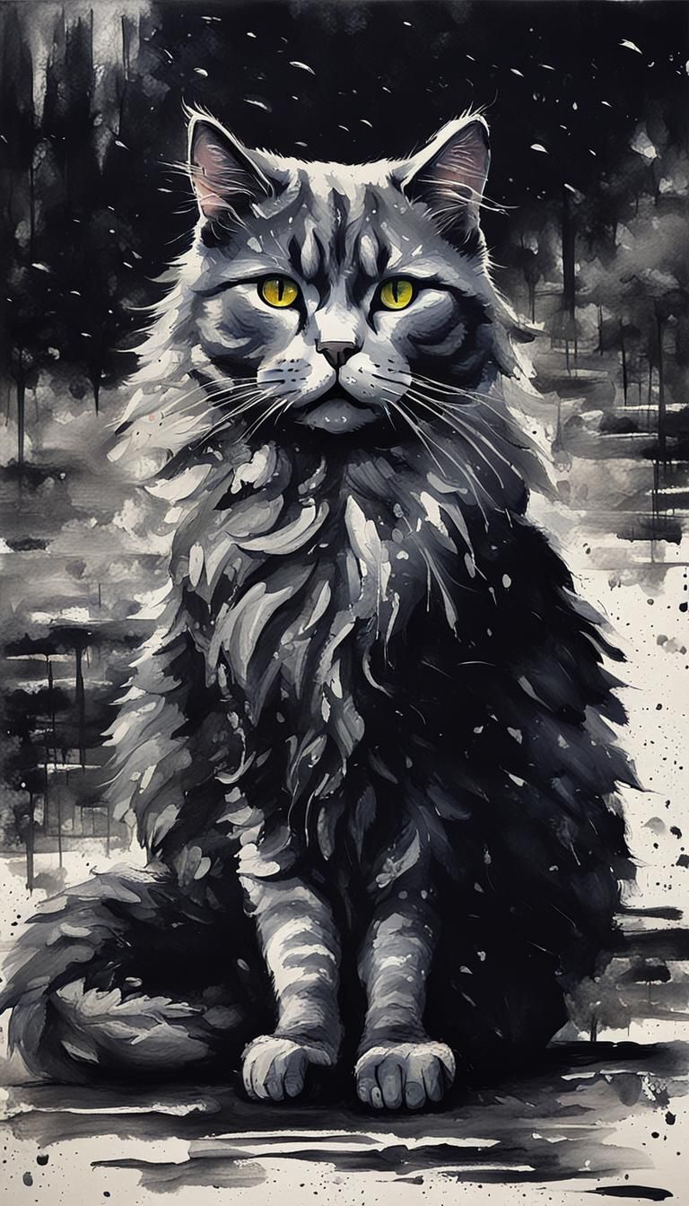 Disappointed Cat in Modern European Ink Painting