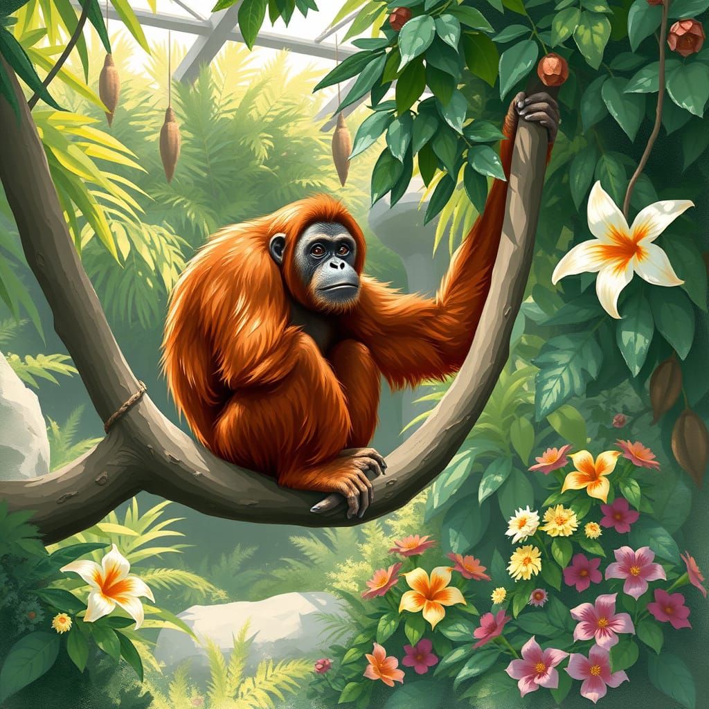 Serene Orangutan in Lush Jungle Environment
