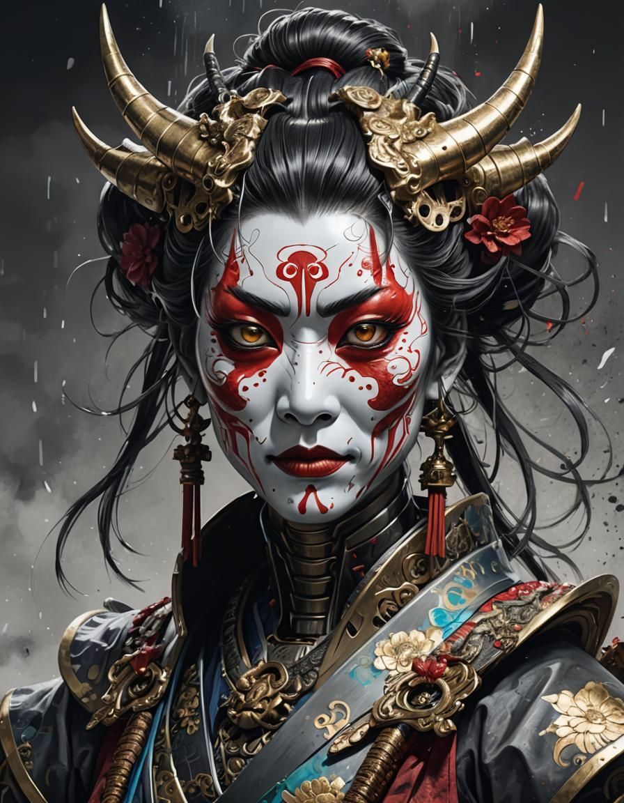 Robot Geisha with Oni Mask in Hyperdetailed Charcoal Drawing