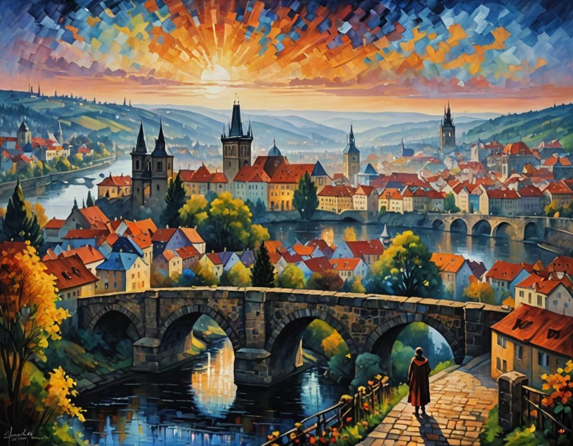 Masked Figure Overlooking Prague in Oil Paint Style