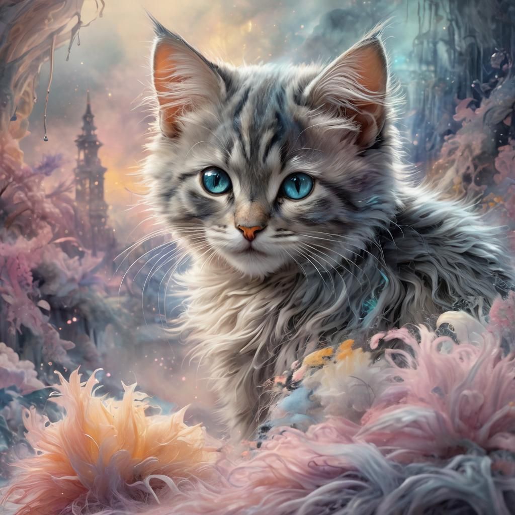 Dreamy Kitten in Pastel Watercolor Aura