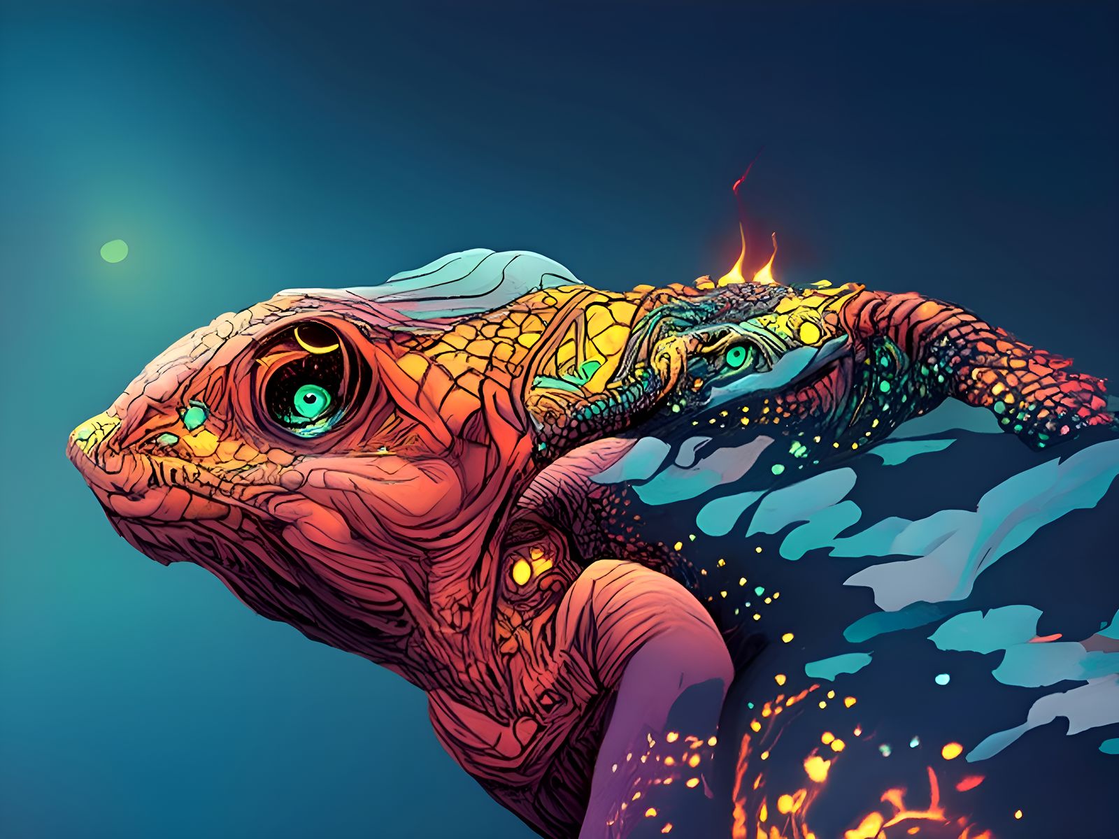 Epic Blacklight Chameleon Illustration in Fire