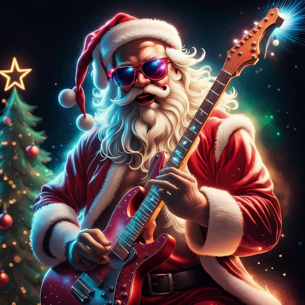 Cool Santa Plays Electric Guitar in Neon Style