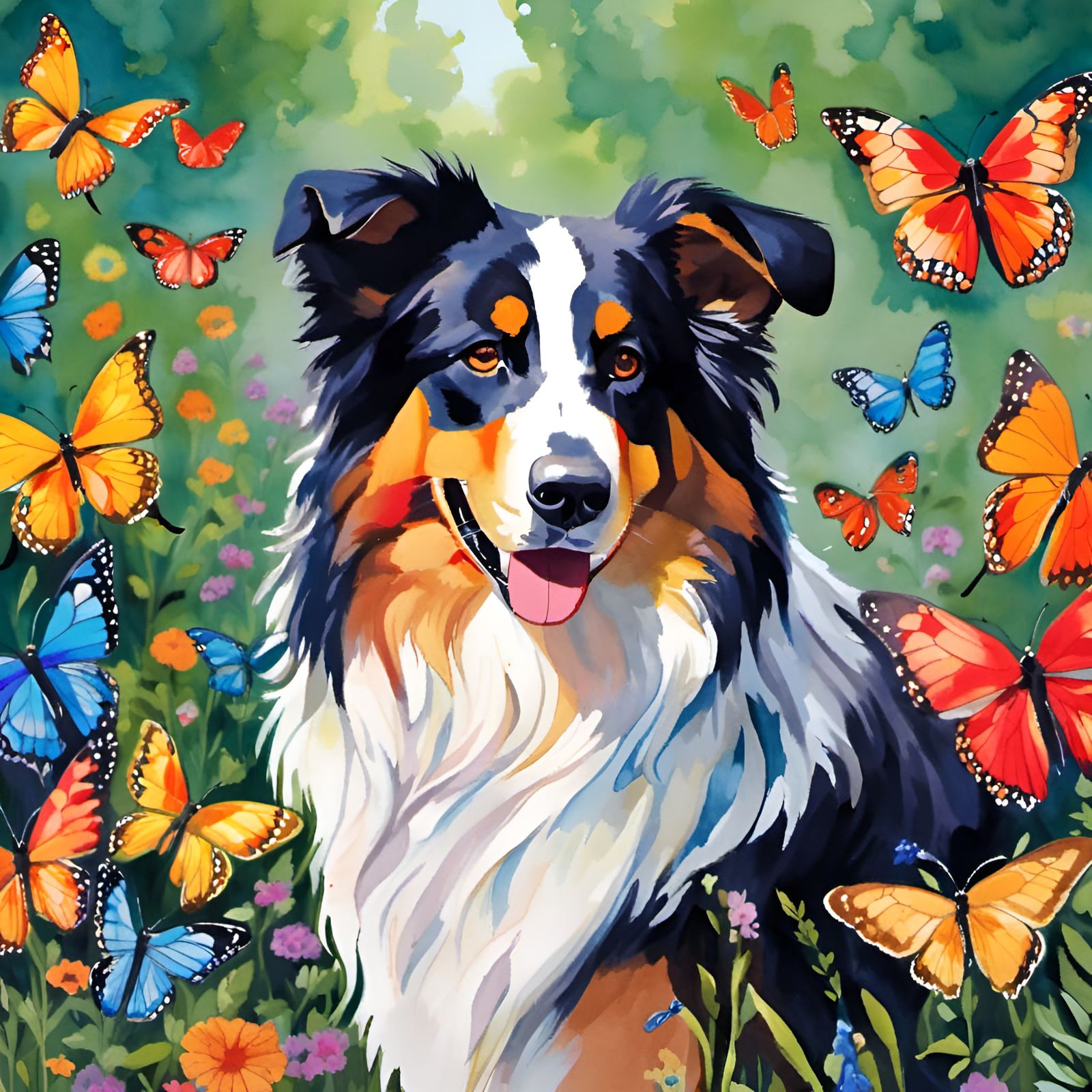 Watercolor Aussie Shepherd with Butterflies
