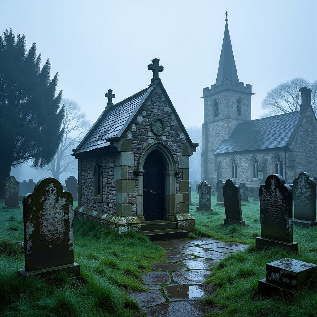 Mysterious Tomb in Misty Churchyard, Romantic Style