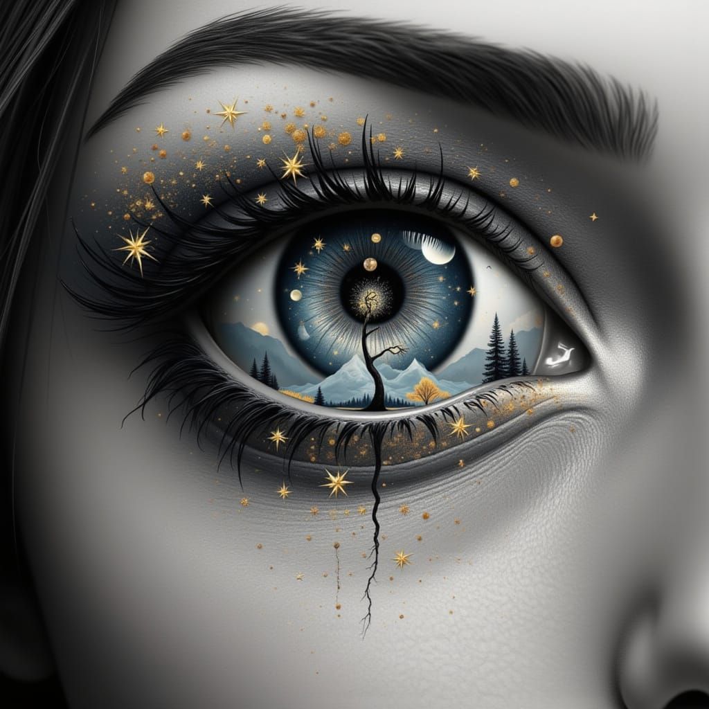 Surreal Eye Tattoo Design with Celestial Elements