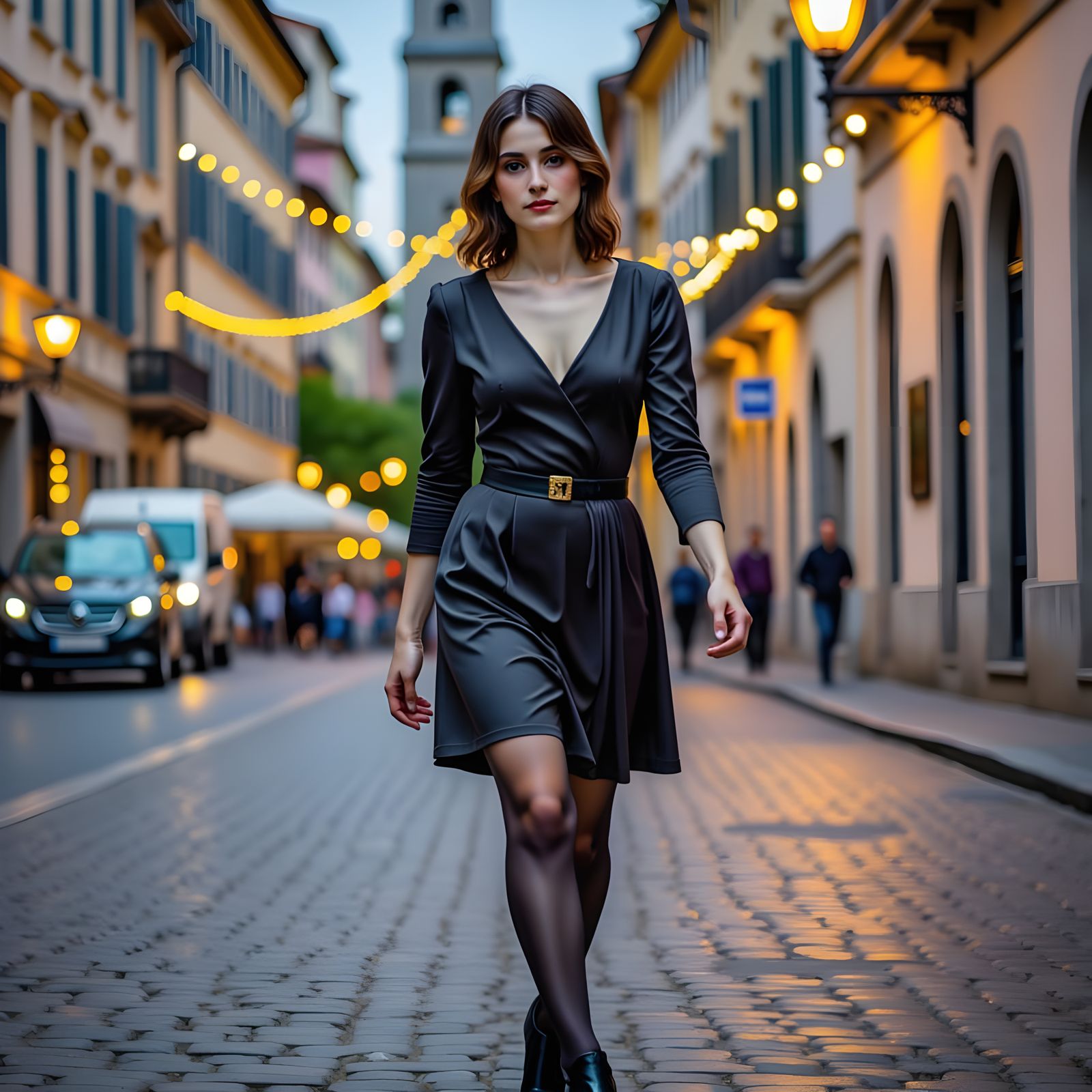 Confident Woman Strolling City Street at Night