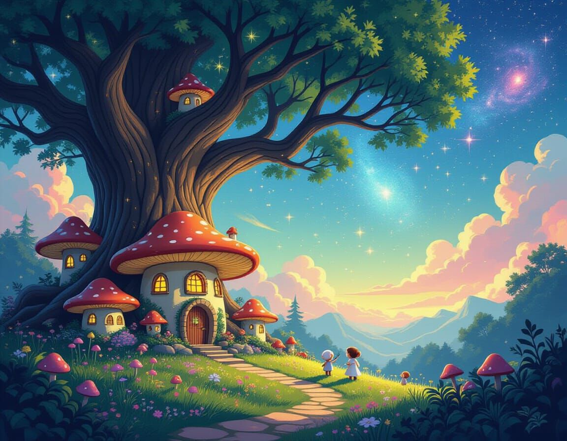 Enchanted Fairy Village in Ancient Tree, Synthwave Style