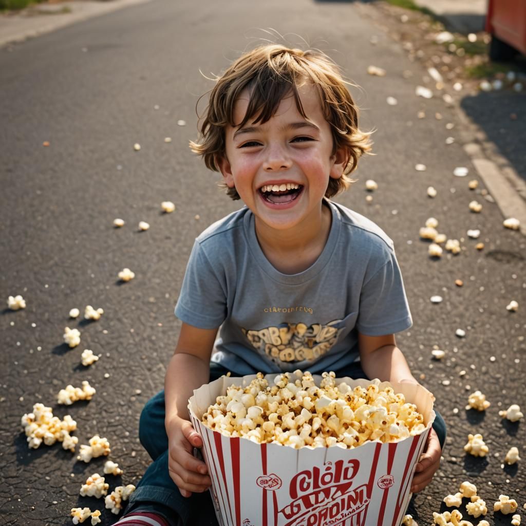 Humorous Street Photography: Popcorn Spill at Roadside Shop
