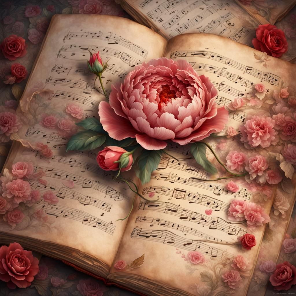 Peonies and Music on Newspaper in Rococo Frame