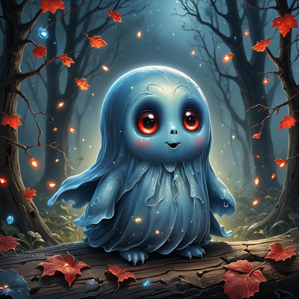 Cute Blue Ghost in a Magical Night Scene
