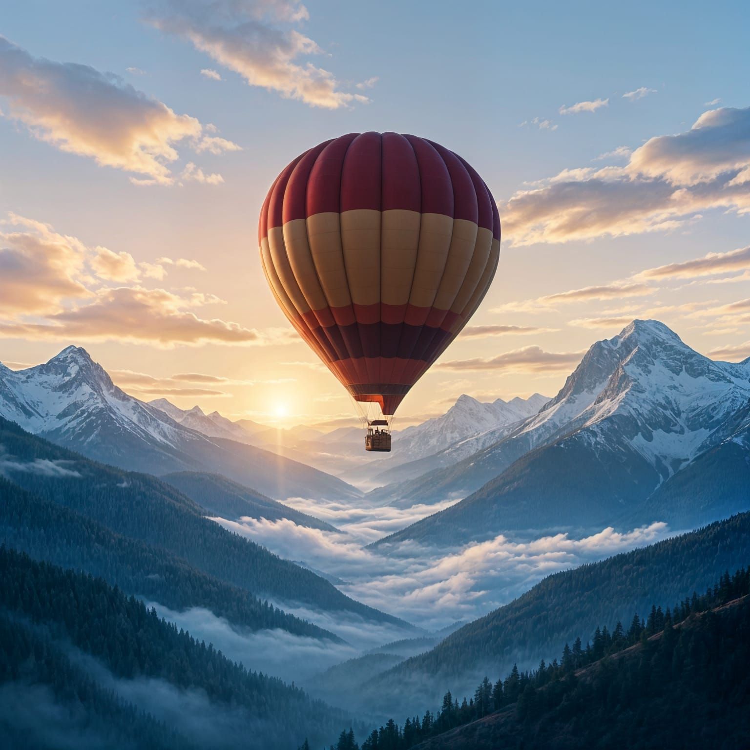 Hot Air Balloon Over Majestic Mountains at Dawn in Concept A...
