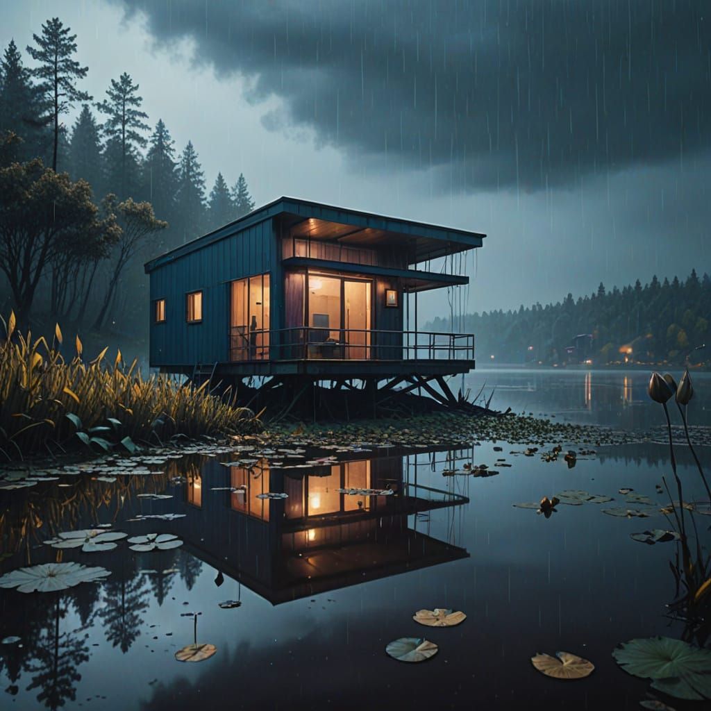 Moody Futuristic Retreat Amidst Turbulent Waters