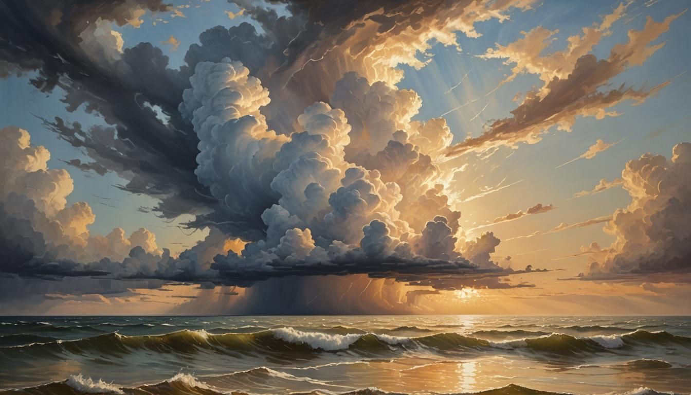 Romantic Seascape Painting with Stormy Sky