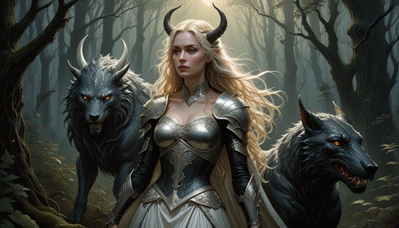 Whimsical Woman and Her Loyal Demon Companion in Mystical Fo...