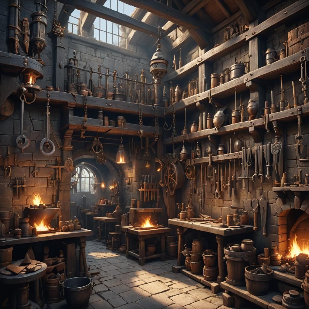 Steampunk Blacksmith Workshop with Magic Artifacts: Detailed...