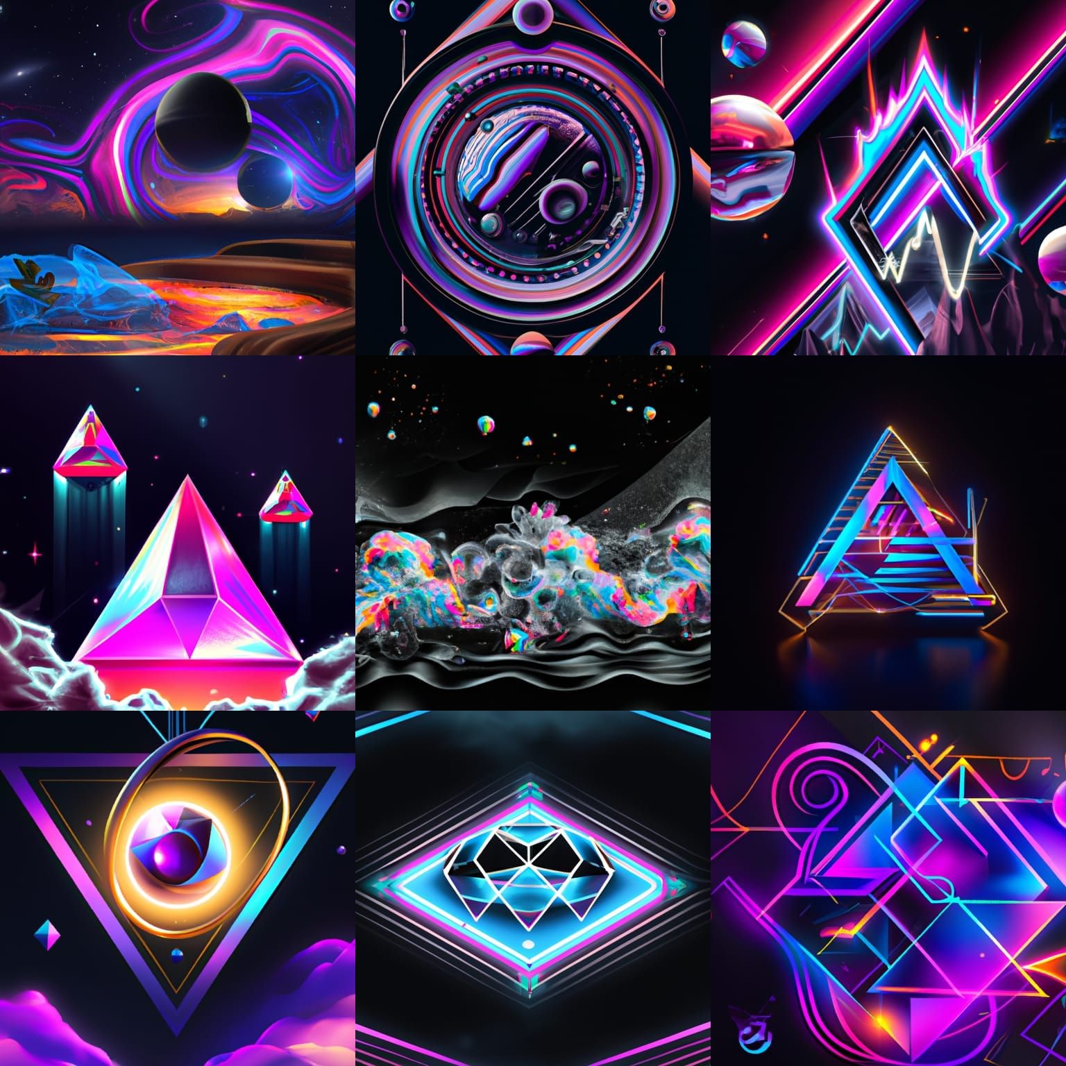 To produce artwork that exudes a nighttime retro-style cover art vibe, blend deep, bold neon diamond color hues, 3D high...