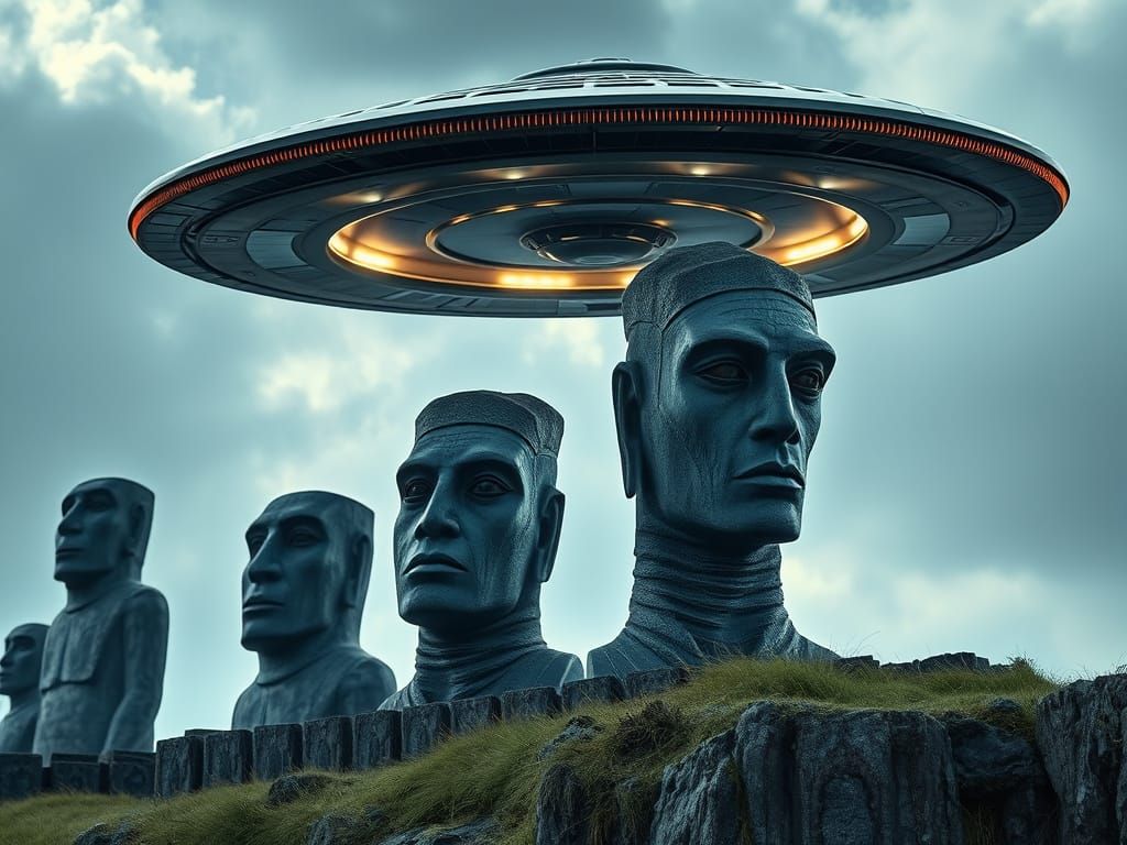 Aliens Hovering Over Easter Island Statues