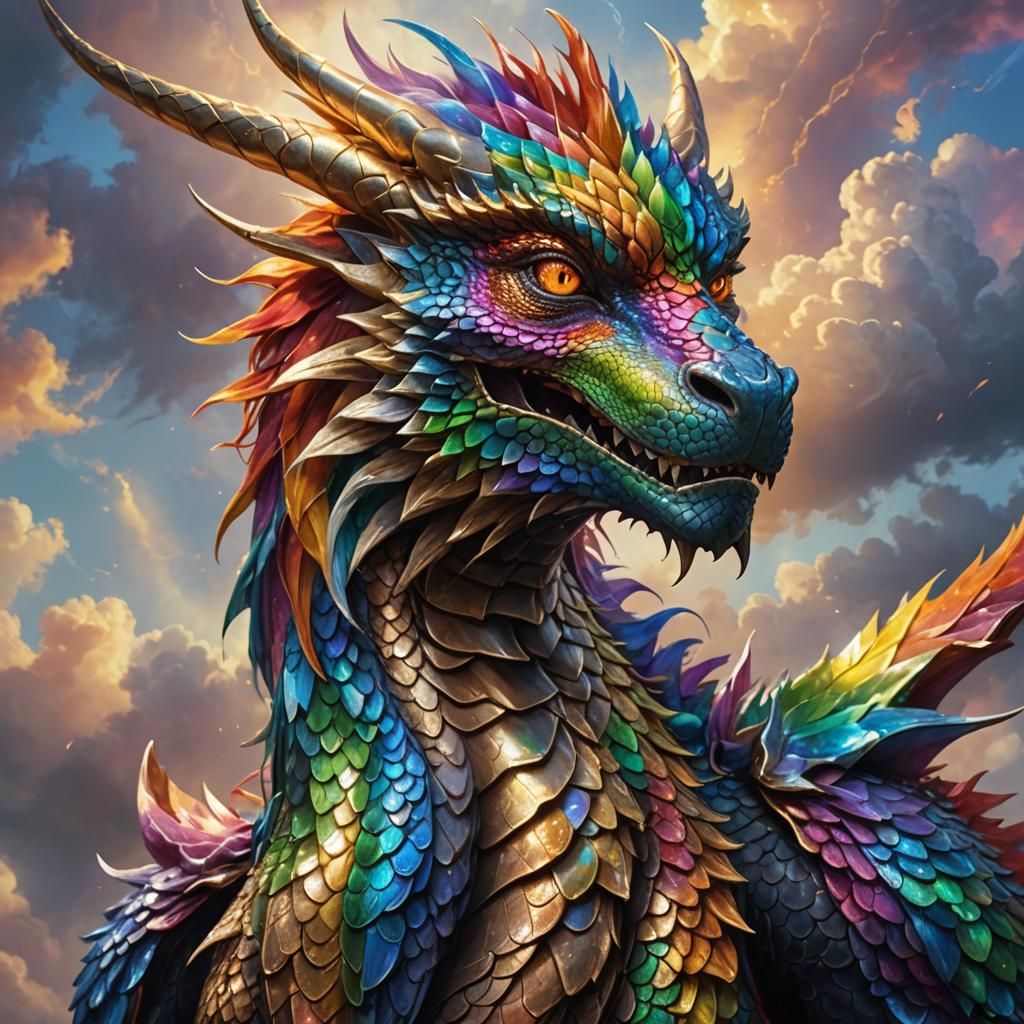 Rainbow Dragon Portrait in Ethereal Golden Light