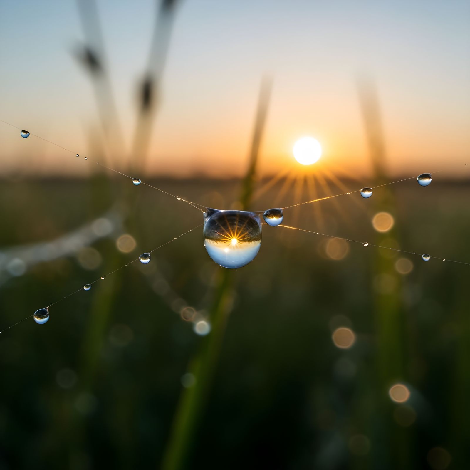 Perfect Dewdrop Reflecting Sunrise in Meadow