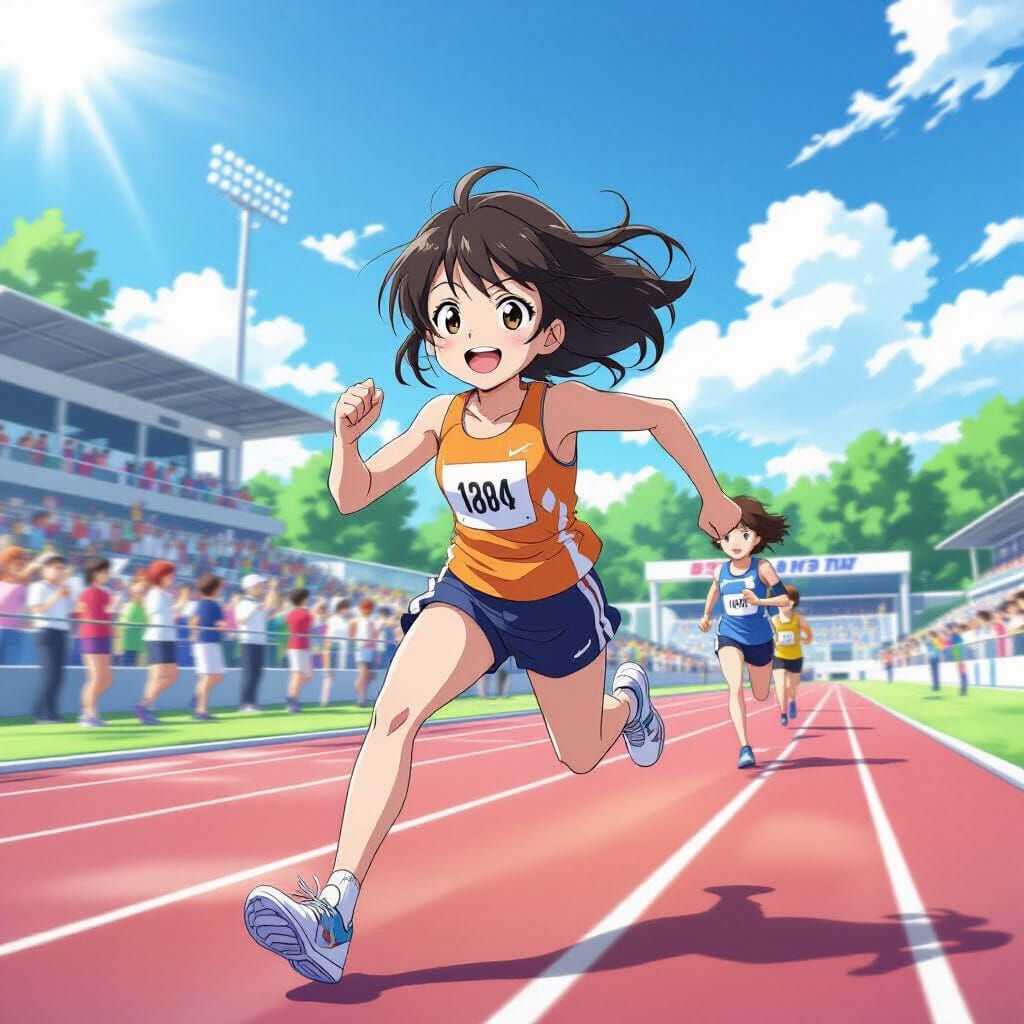 Energetic Student Running on Sunny Sports Day Runway in Anim...