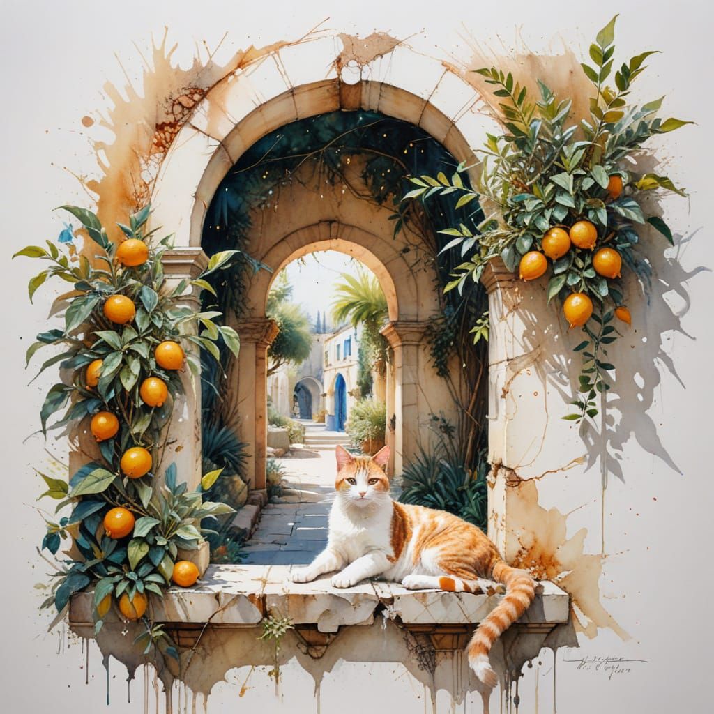 Serene Mediterranean Courtyard in Whimsical Watercolour Styl...