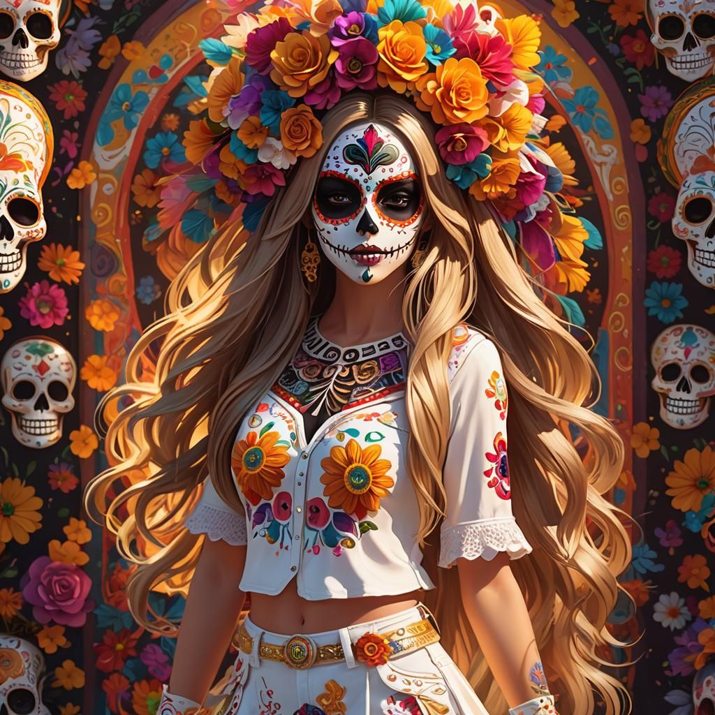 Woman with Día de los Muertos Face Paint in 3D Anime Style