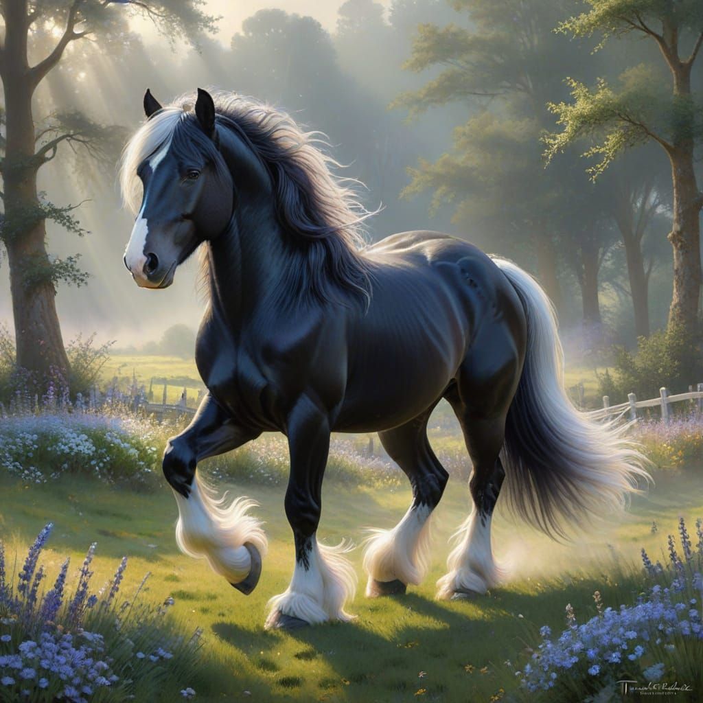 Majestic Shire Horse in Serene Ethereal Pasture