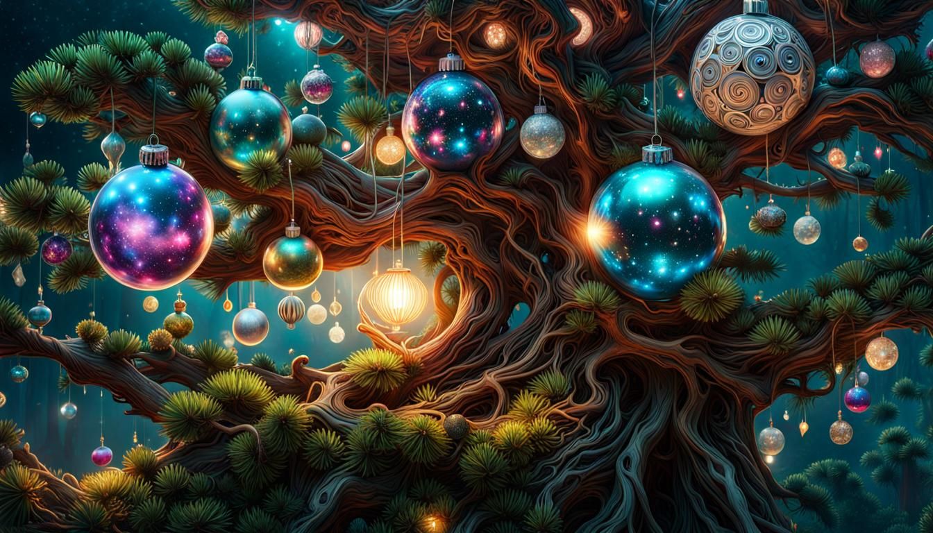 Galactic Ornaments on Pine Tree, Digital Art