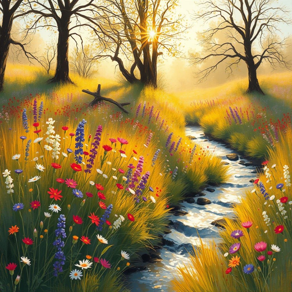 Golden Meadow with Wildflowers in Impressionist Style