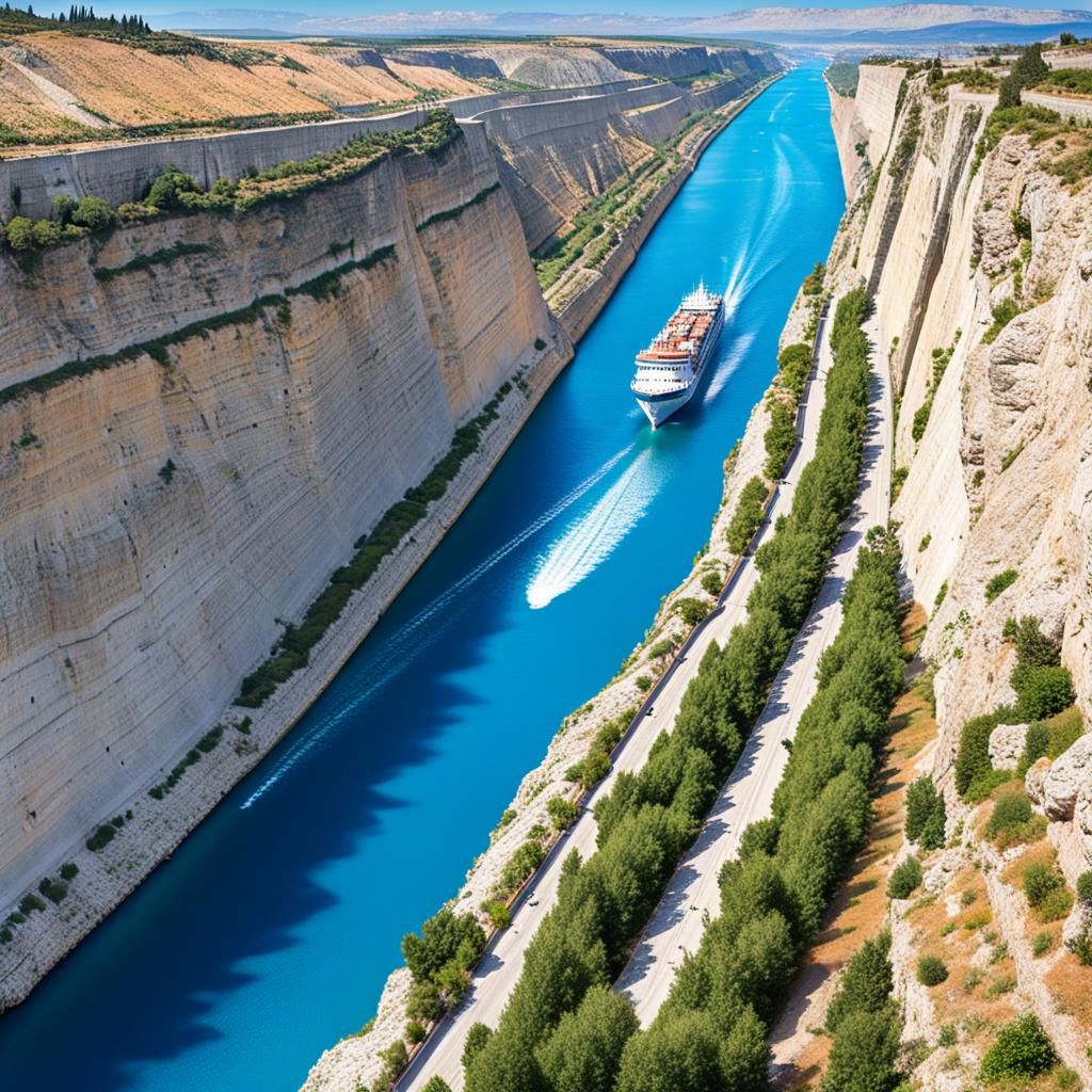 Ship Transits the Corinth Canal, Greece