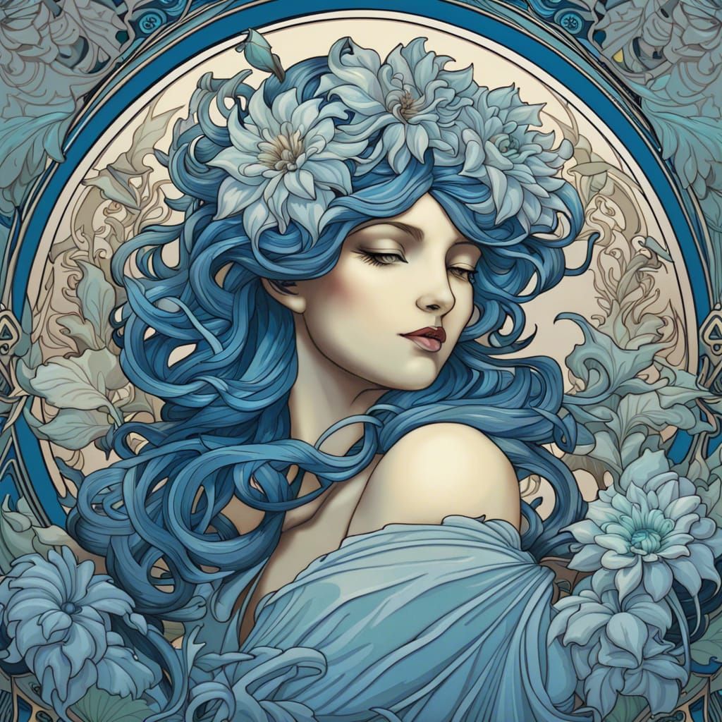 Blue Dahlia in Art Nouveau Style