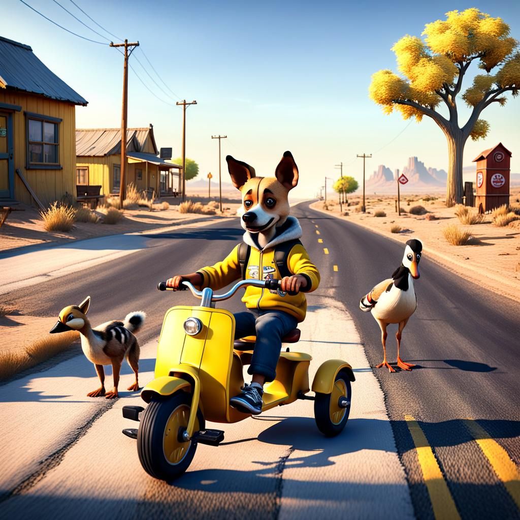 Boy, Dog and Goose on Route 66 in 3D