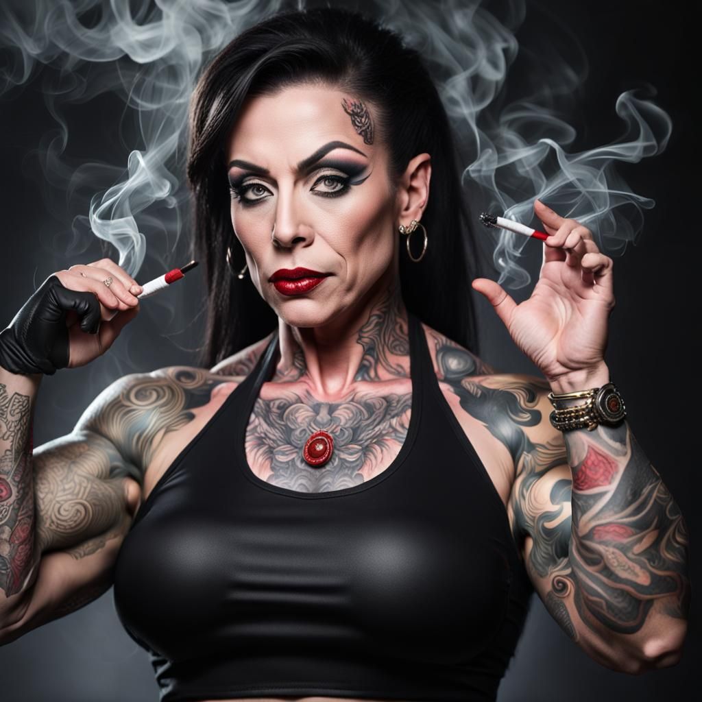 Vampire Bodybuilder Hypnotizes with Tattoos and Cigarette